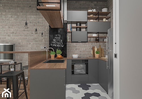INDUSTRIALNA CZĘŚĆ DZIENNA - Mała otwarta z salonem szara z nablatowym zlewozmywakiem kuchnia w kształcie litery u, styl industrialny - zdjęcie od MAGDA RYBARSKA