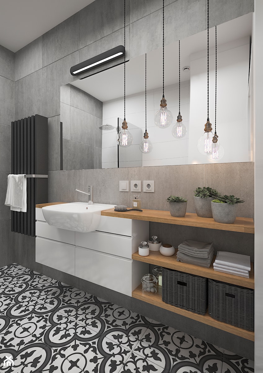 ŁAZIENKA - czerń, biel, szarość, drewno - Średnia bez okna łazienka, styl nowoczesny - zdjęcie od MAGDA RYBARSKA