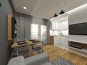 Projekt wnętrza mieszkania w Warszawie - Średnia biała szara jadalnia w salonie w kuchni - zdjęcie od EWMAarchitekci