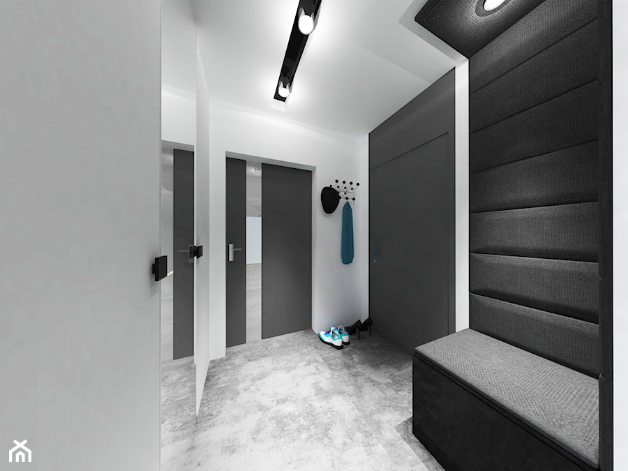 projekt wnętrza domu w Kolonii Serniki - Średni z wieszakiem biały czarny hol / przedpokój, styl minimalistyczny - zdjęcie od EWMAarchitekci