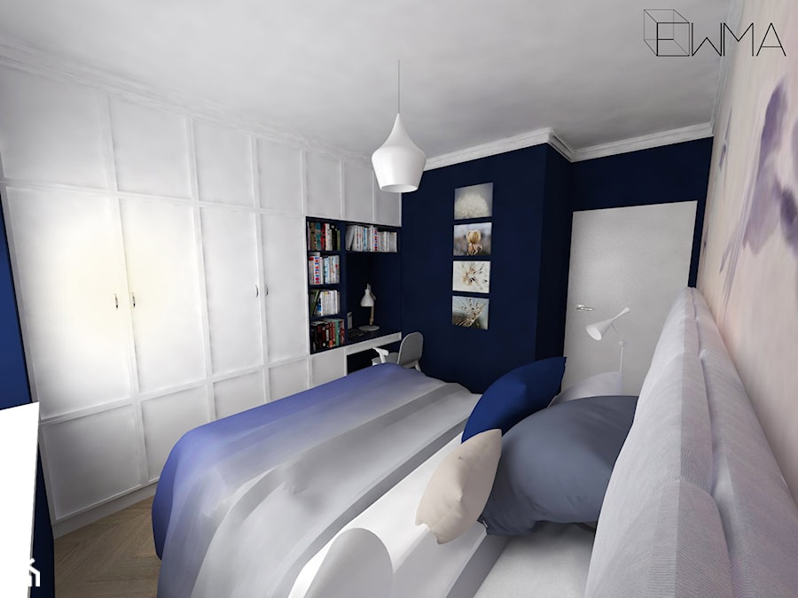Projekt wnętrza mieszkania w Krakowie 42 m2 - Średnia niebieska z biurkiem sypialnia - zdjęcie od EWMAarchitekci