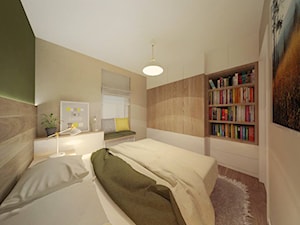 Projekt wnętrza mieszkania w Lublinie 57 m2 - Średnia beżowa zielona z biurkiem sypialnia - zdjęcie od EWMAarchitekci