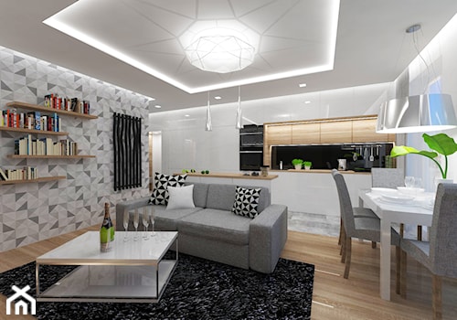 Projekt wnętrza mieszkania w Warszawie 55 m2 - Średni szary salon z kuchnią z jadalnią - zdjęcie od EWMAarchitekci