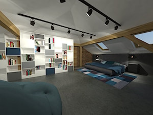 projekt wnętrza domu w Kolonii Serniki - Duża czarna szara sypialnia na poddaszu, styl industrialny - zdjęcie od EWMAarchitekci