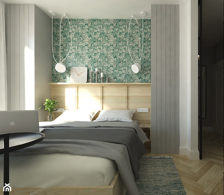 Warszawa Bemowo 61m2 - Mała biała szara sypialnia, styl glamour - zdjęcie od Alternatywne Studio