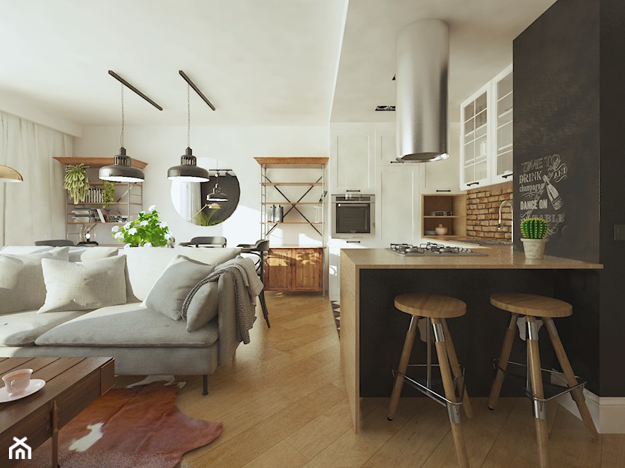 Gdańsk Morena 53 m2 - Mały biały salon z kuchnią z jadalnią, styl industrialny - zdjęcie od Alternatywne Studio