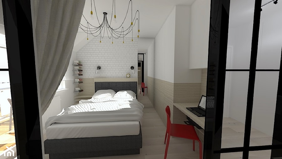 mieszkanie 40m2 - kawalerka w dwóch wersjach kolorystycznych - Średnia biała z biurkiem sypialnia z balkonem / tarasem, styl nowoczesny - zdjęcie od Projektowanie wnętrz Olga Januszkiewicz