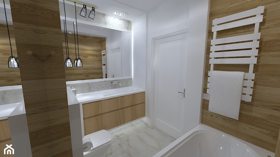 nowoczesna łazienka w bieli i drewnie - zdjęcie od Projektowanie wnętrz Olga Januszkiewicz