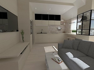 mieszkanie 40m2 - kawalerka w dwóch wersjach kolorystycznych - Mały beżowy biały salon z kuchnią - zdjęcie od Projektowanie wnętrz Olga Januszkiewicz
