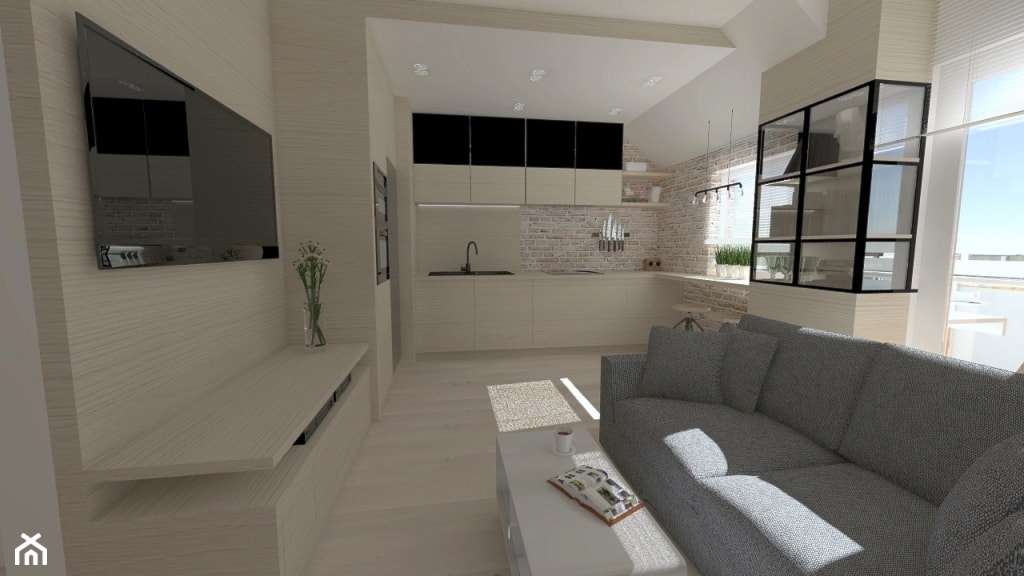 mieszkanie 40m2 - kawalerka w dwóch wersjach kolorystycznych - Mały beżowy biały salon z kuchnią - zdjęcie od Projektowanie wnętrz Olga Januszkiewicz - Homebook