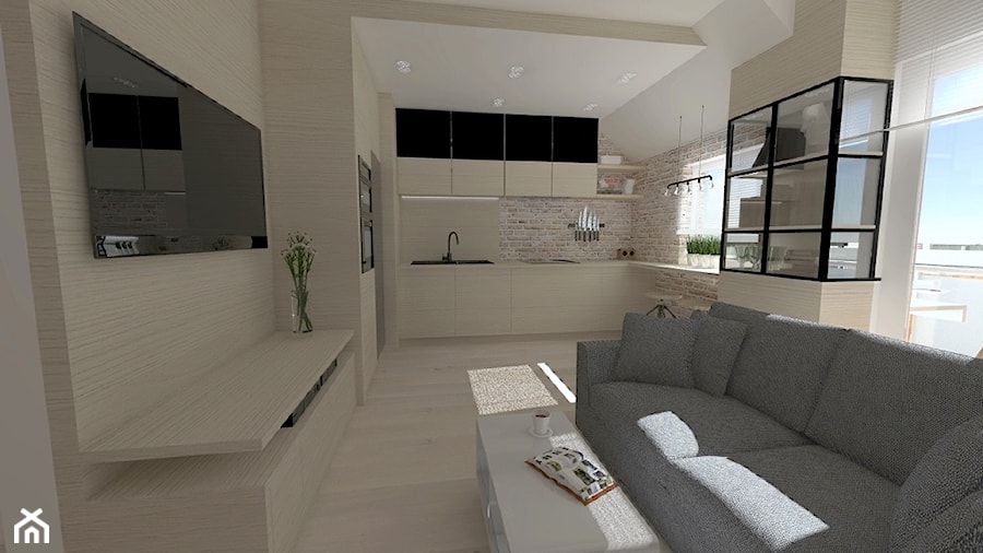 mieszkanie 40m2 - kawalerka w dwóch wersjach kolorystycznych - Mały beżowy biały salon z kuchnią - zdjęcie od Projektowanie wnętrz Olga Januszkiewicz