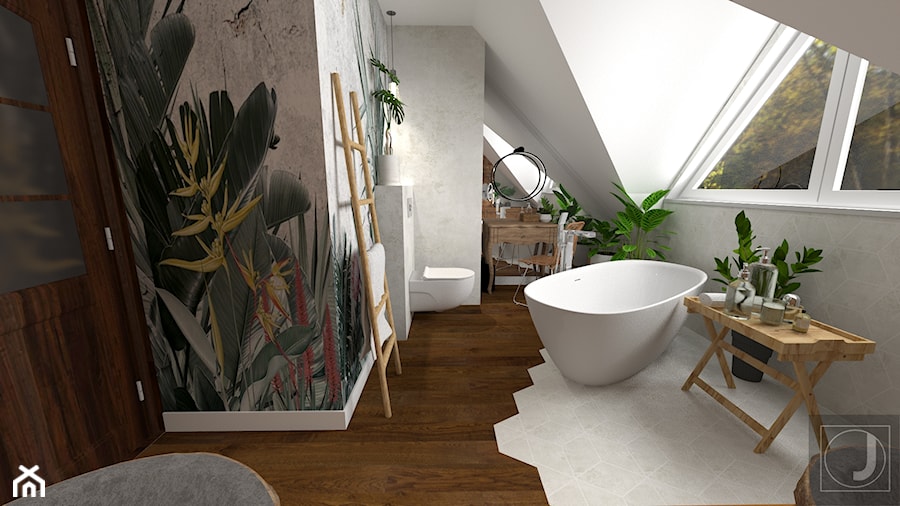 Łazienka - Średnia na poddaszu łazienka z oknem, styl nowoczesny - zdjęcie od Projektowanie wnętrz Olga Januszkiewicz