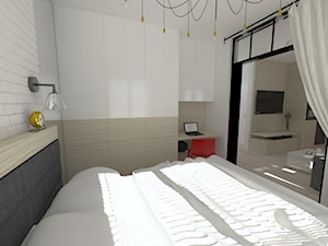 mieszkanie 40m2 - kawalerka w dwóch wersjach kolorystycznych - Mała biała szara z biurkiem sypialnia, styl nowoczesny - zdjęcie od Projektowanie wnętrz Olga Januszkiewicz