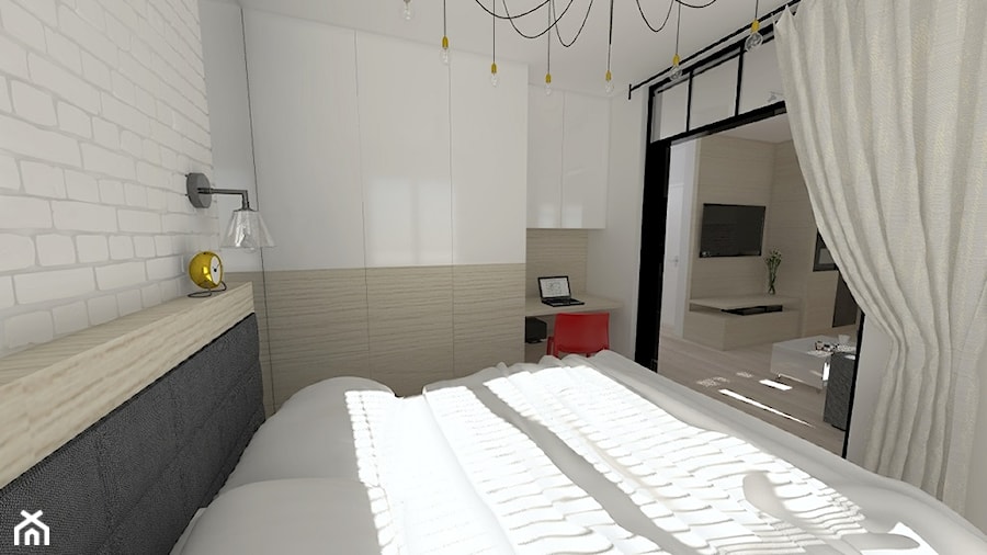 mieszkanie 40m2 - kawalerka w dwóch wersjach kolorystycznych - Mała biała szara z biurkiem sypialnia, styl nowoczesny - zdjęcie od Projektowanie wnętrz Olga Januszkiewicz