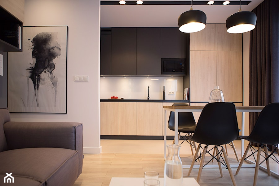 mieszkanie Katowice - projekt before Concept - Mały biały salon z kuchnią z jadalnią, styl nowoczesny - zdjęcie od Ania Kulińska - fotograf