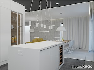 Dom w Siewierzu - Średnia otwarta z kamiennym blatem biała szara z zabudowaną lodówką kuchnia jednorzędowa z wyspą lub półwyspem z oknem, styl minimalistyczny - zdjęcie od STUDIO KUGO
