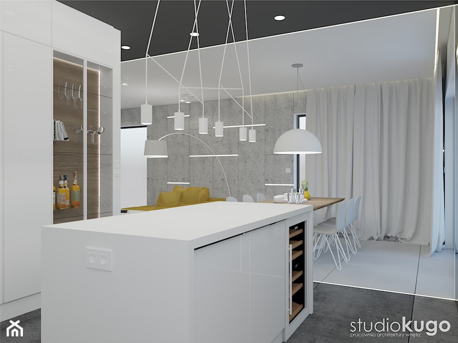 Dom w Siewierzu - Średnia otwarta z kamiennym blatem biała szara z zabudowaną lodówką kuchnia jednorzędowa z wyspą lub półwyspem z oknem, styl minimalistyczny - zdjęcie od STUDIO KUGO