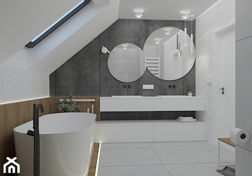 Dom w Siewierzu - Średnia na poddaszu z lustrem z dwoma umywalkami z punktowym oświetleniem łazienka z oknem, styl nowoczesny - zdjęcie od STUDIO KUGO