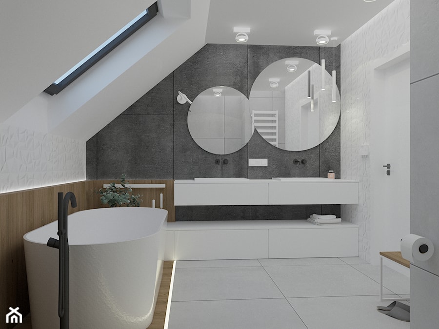 Dom w Siewierzu - Średnia na poddaszu z lustrem z dwoma umywalkami z punktowym oświetleniem łazienka z oknem, styl nowoczesny - zdjęcie od STUDIO KUGO