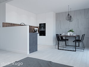 Dom w Modlniczce - Średnia otwarta biała brązowa szara z zabudowaną lodówką kuchnia w kształcie litery u - zdjęcie od STUDIO KUGO
