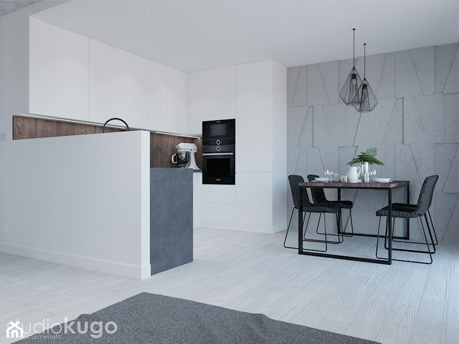 Dom w Modlniczce - Średnia otwarta biała brązowa szara z zabudowaną lodówką kuchnia w kształcie litery u - zdjęcie od STUDIO KUGO