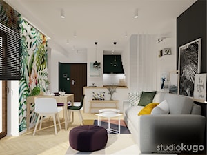 Mieszkanie w Krakowie | I | Apartamenty Bronowice - Średni biały salon z kuchnią z jadalnią z tarasem / balkonem, styl skandynawski - zdjęcie od STUDIO KUGO