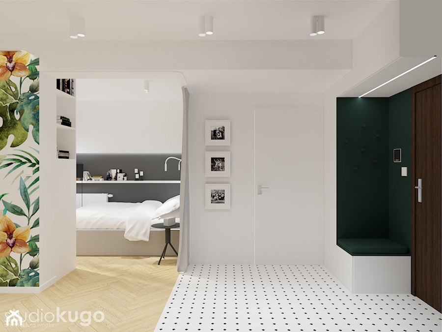 Mieszkanie w Krakowie | I | Apartamenty Bronowice - Duży biały czarny hol / przedpokój, styl skandynawski - zdjęcie od STUDIO KUGO