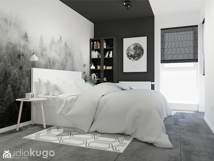 Mieszkanie w Wieliczce | Królewskie Tarasy - Średnia biała czarna sypialnia z balkonem / tarasem, styl minimalistyczny - zdjęcie od STUDIO KUGO