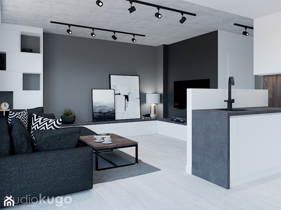 Dom w Modlniczce - Średni biały czarny salon z kuchnią, styl nowoczesny - zdjęcie od STUDIO KUGO