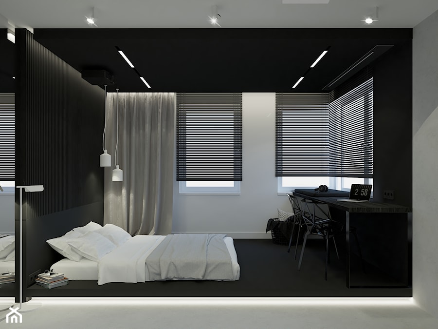 Mieszkanie w Katowicach | I | Bytkowska Park - Średnia biała czarna z biurkiem sypialnia, styl minimalistyczny - zdjęcie od STUDIO KUGO