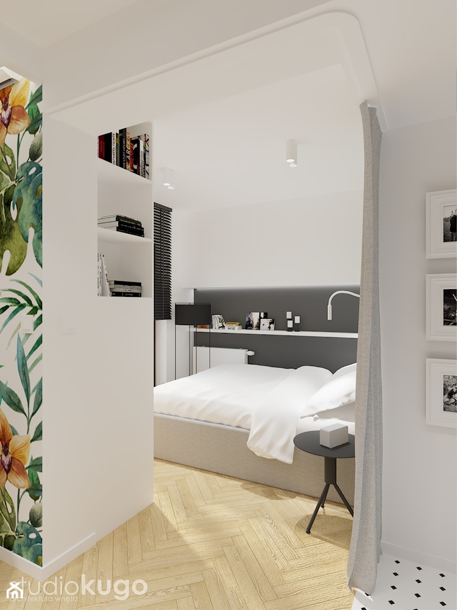 Mieszkanie w Krakowie | I | Apartamenty Bronowice - Mała biała czarna sypialnia, styl skandynawski - zdjęcie od STUDIO KUGO
