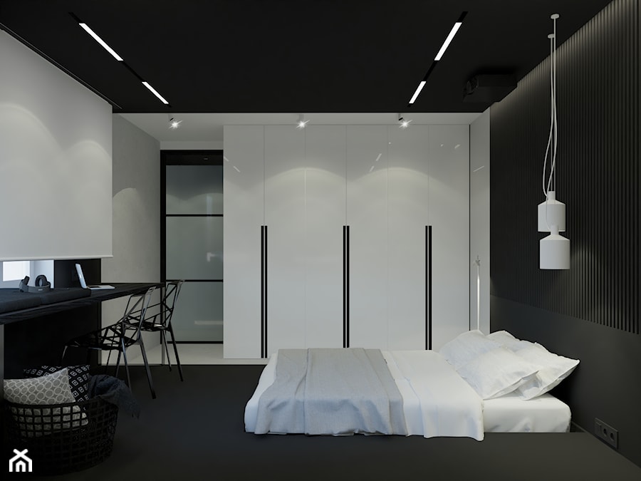 Mieszkanie w Katowicach | I | Bytkowska Park - Średnia biała czarna z biurkiem sypialnia, styl minimalistyczny - zdjęcie od STUDIO KUGO