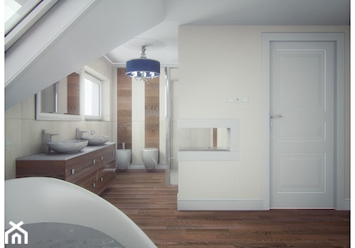 Sypialnia marzeń - Średnia na poddaszu z lustrem z dwoma umywalkami łazienka z oknem, styl nowoczesny - zdjęcie od DemoDesign Jacek Staniszewski Studio projektowania wnętrz