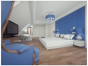 Sypialnia marzeń - Duża niebieska szara sypialnia na poddaszu z łazienką, styl vintage - zdjęcie od DemoDesign Jacek Staniszewski Studio projektowania wnętrz