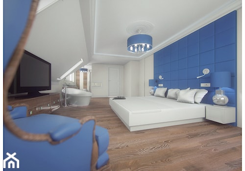 Sypialnia marzeń - Duża niebieska szara sypialnia na poddaszu z łazienką, styl vintage - zdjęcie od DemoDesign Jacek Staniszewski Studio projektowania wnętrz