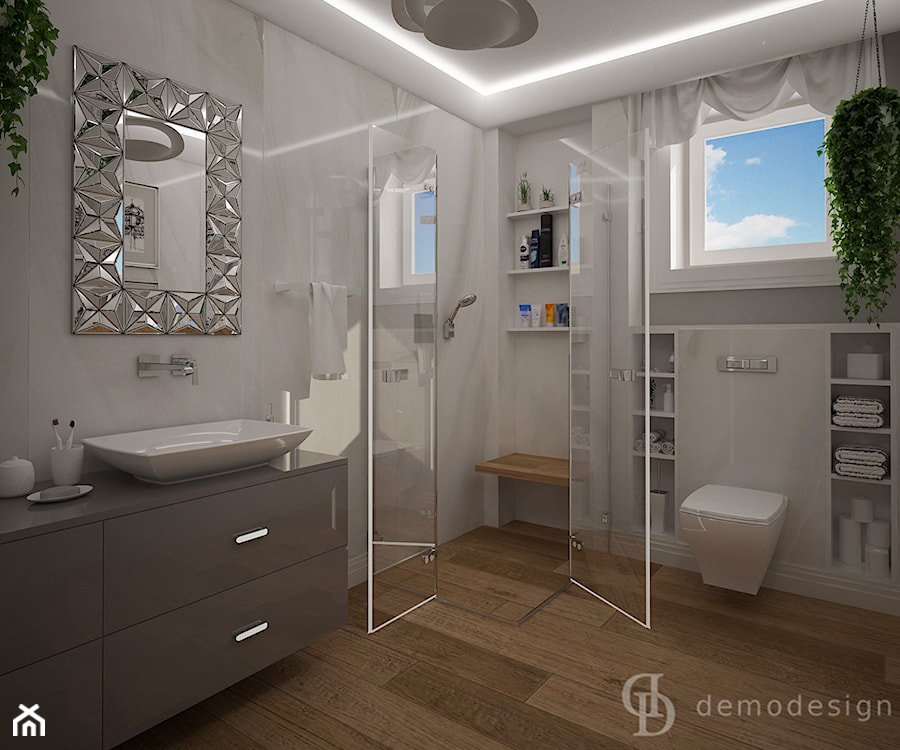 Stylowe salony kąpielowe - Mała na poddaszu z lustrem łazienka z oknem, styl tradycyjny - zdjęcie od DemoDesign Jacek Staniszewski Studio projektowania wnętrz