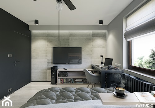 Sypialnia Saxophone Modern Bachowice - Średnia czarna szara z biurkiem sypialnia, styl nowoczesny - zdjęcie od SWSTUDIO