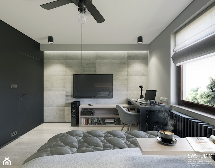 Sypialnia Saxophone Modern Bachowice - Średnia czarna szara z biurkiem sypialnia, styl nowoczesny - zdjęcie od SWSTUDIO