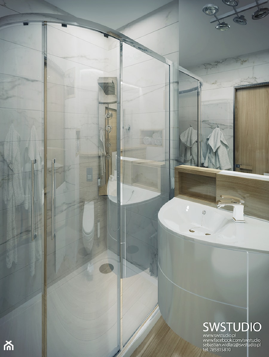 Minmal Krk - Mała bez okna z lustrem łazienka, styl minimalistyczny - zdjęcie od SWSTUDIO