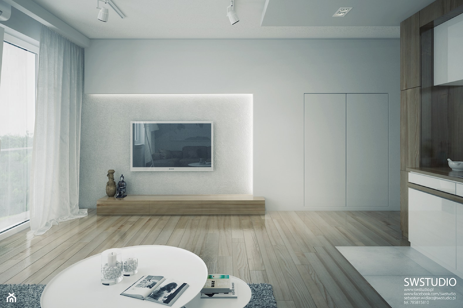 Minmal Krk - Średni biały salon z kuchnią, styl minimalistyczny - zdjęcie od SWSTUDIO - Homebook