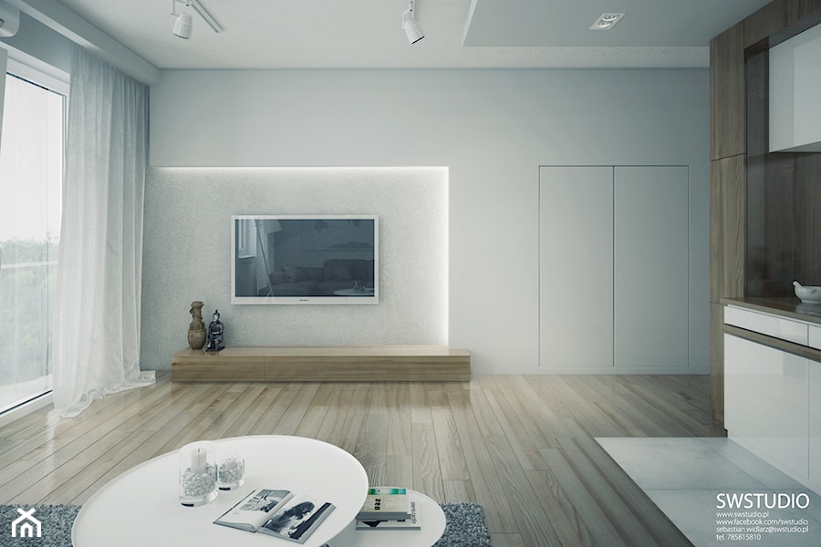 Minmal Krk - Średni biały salon z kuchnią, styl minimalistyczny - zdjęcie od SWSTUDIO