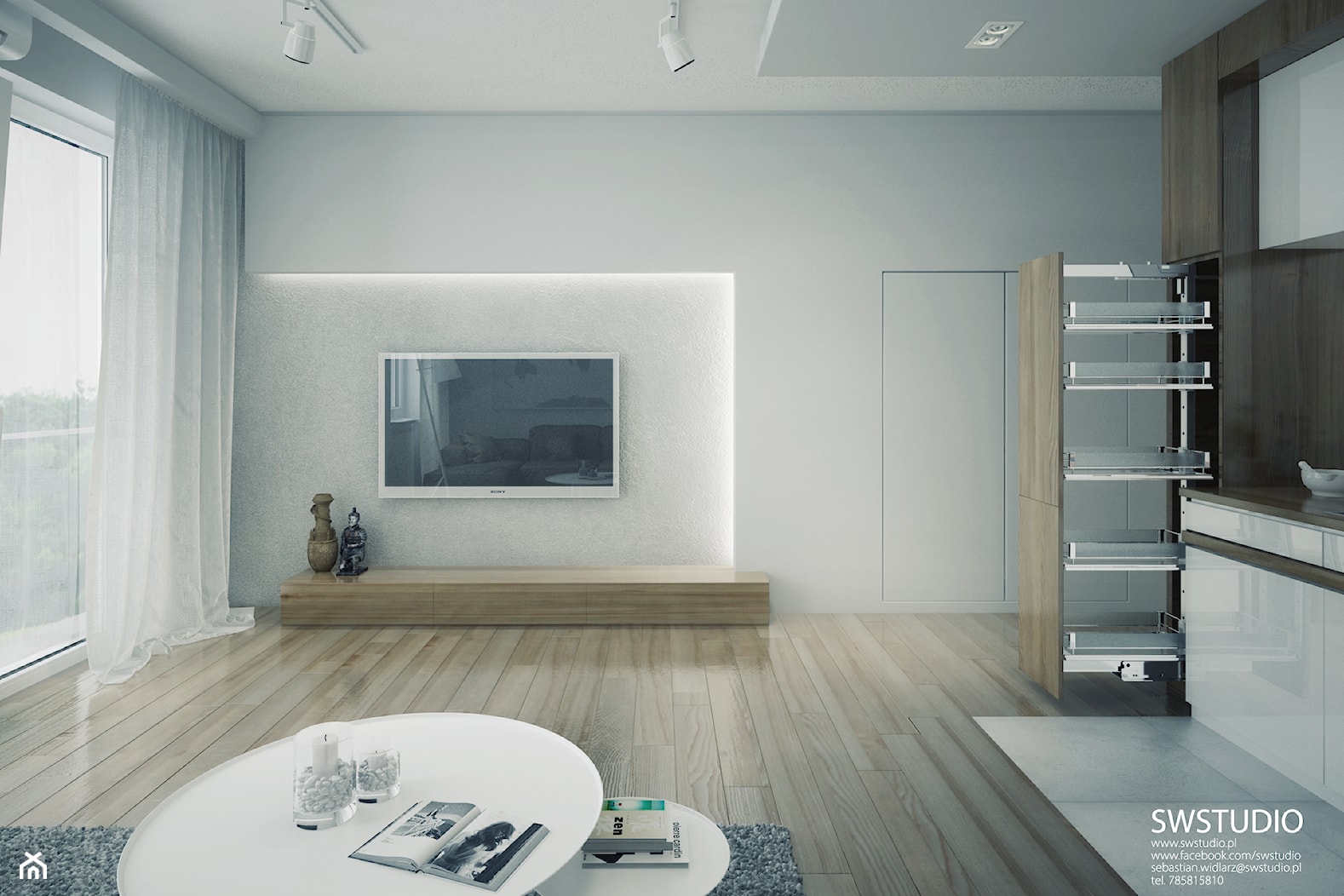 Minmal Krk - Średni biały salon z kuchnią z tarasem / balkonem, styl minimalistyczny - zdjęcie od SWSTUDIO - Homebook