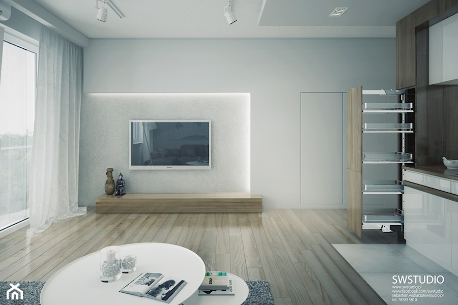 Minmal Krk - Średni biały salon z kuchnią z tarasem / balkonem, styl minimalistyczny - zdjęcie od SWSTUDIO