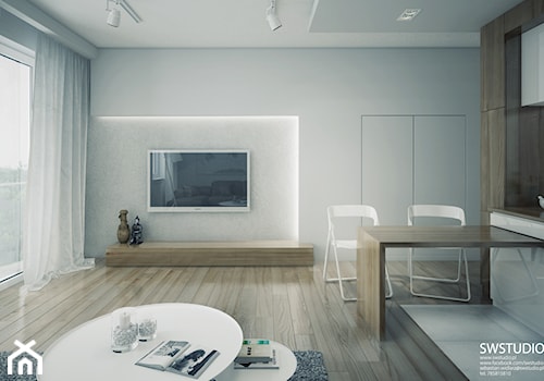 Minmal Krk - Średni biały szary salon z kuchnią z jadalnią z tarasem / balkonem, styl minimalistyczny - zdjęcie od SWSTUDIO
