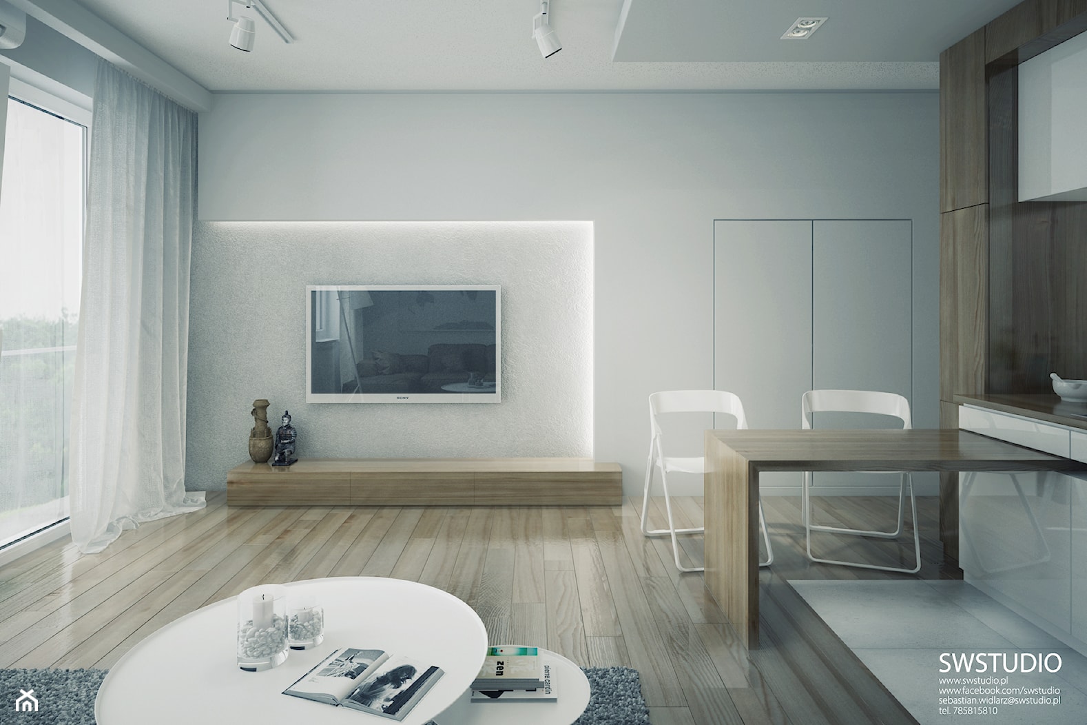 Minmal Krk - Średni biały szary salon z kuchnią z jadalnią z tarasem / balkonem, styl minimalistyczny - zdjęcie od SWSTUDIO - Homebook