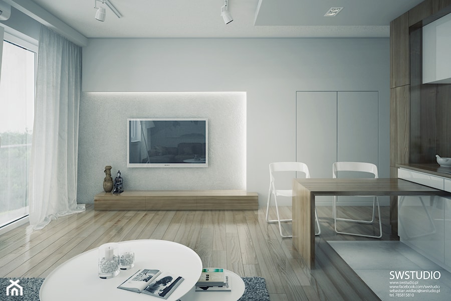 Minmal Krk - Średni biały szary salon z kuchnią z jadalnią z tarasem / balkonem, styl minimalistyczny - zdjęcie od SWSTUDIO