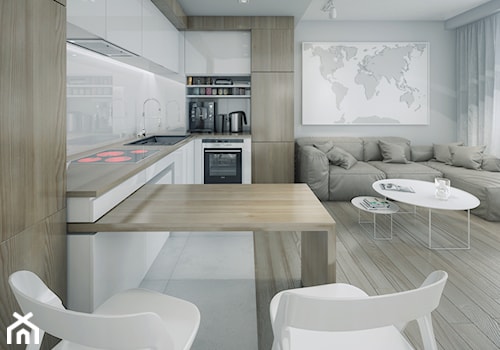 Minmal Krk - Średnia otwarta z salonem biała z zabudowaną lodówką z nablatowym zlewozmywakiem kuchnia jednorzędowa, styl minimalistyczny - zdjęcie od SWSTUDIO