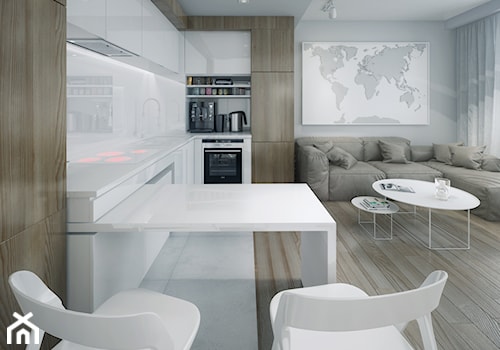 Minmal Krk - Średnia otwarta z salonem biała z zabudowaną lodówką z podblatowym zlewozmywakiem kuchnia w kształcie litery l, styl minimalistyczny - zdjęcie od SWSTUDIO