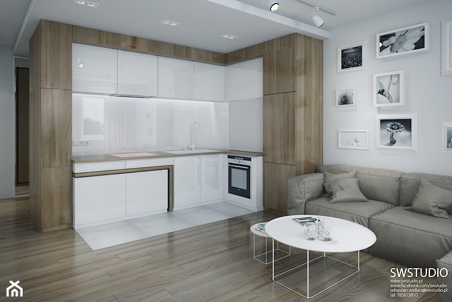 Minmal Krk - Średnia otwarta biała z zabudowaną lodówką z nablatowym zlewozmywakiem kuchnia w kształcie litery l z kompozytem na ścianie nad blatem kuchennym, styl minimalistyczny - zdjęcie od SWSTUDIO