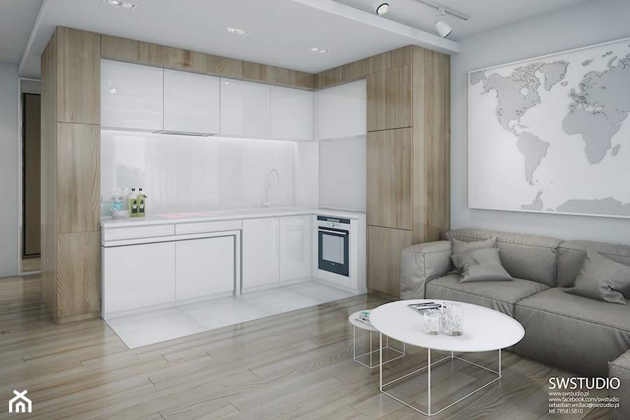 Minmal Krk - Mała otwarta z salonem szara z zabudowaną lodówką z podblatowym zlewozmywakiem kuchnia w kształcie litery l, styl minimalistyczny - zdjęcie od SWSTUDIO